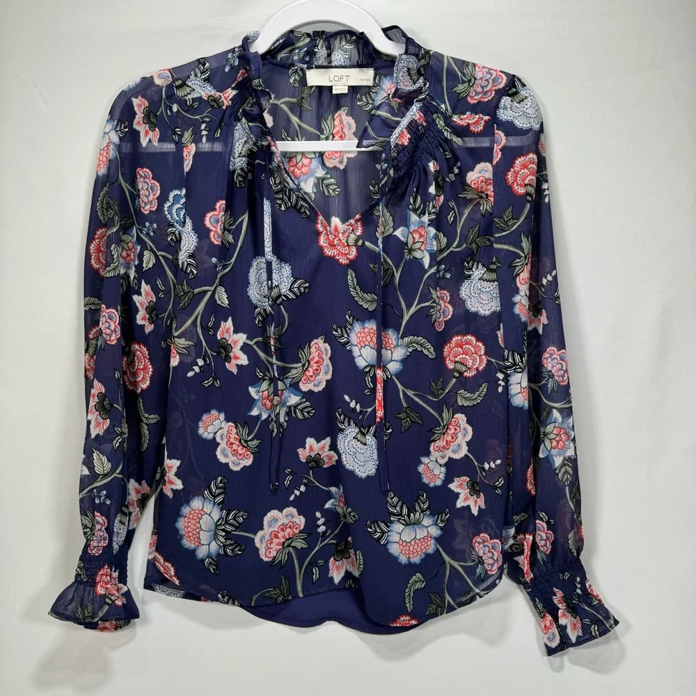 NWT New Ann Taylor Loft Floral Ruffle Tie Neck Blouse XSP XS Petite Shirt Top